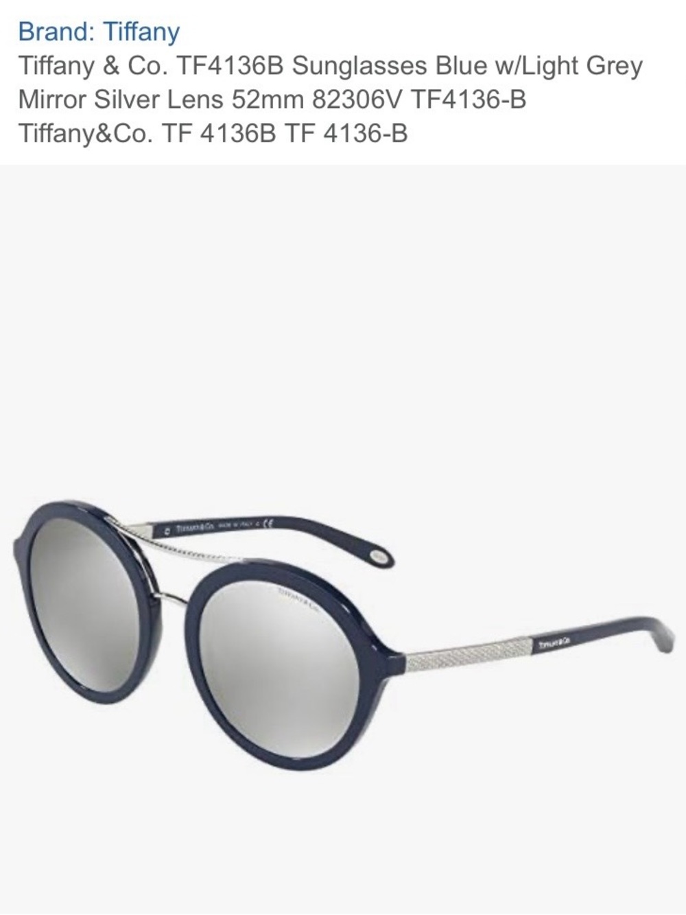 Tiffany & Co. Navy Round Sunglasses with Silver Mirror Lenses TF 4136-B w/case